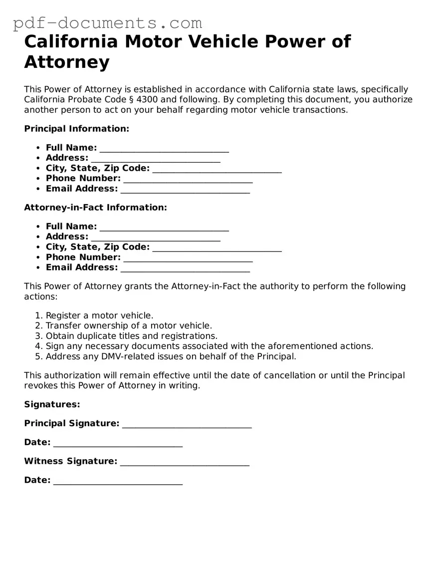 Legal Motor Vehicle Power of Attorney Template for the State of California