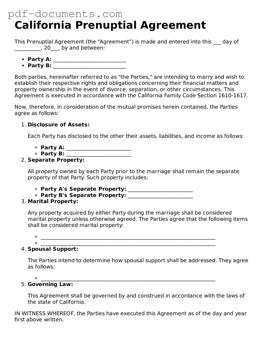Legal Prenuptial Agreement Template for the State of California