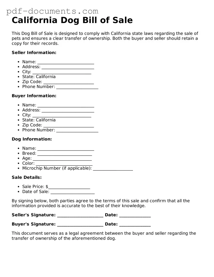 Legal Dog Bill of Sale Template for the State of California