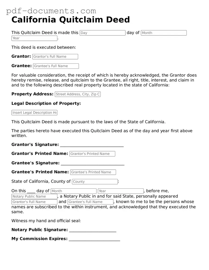 Legal Quitclaim Deed Template for the State of California