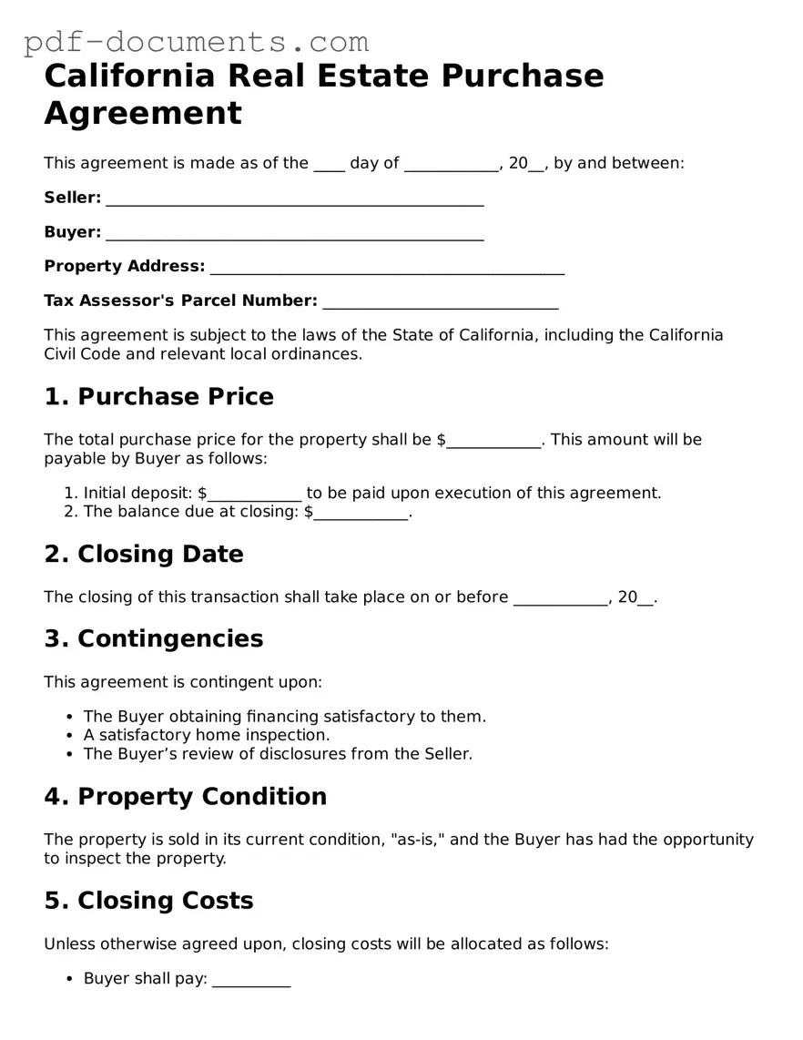 Legal Real Estate Purchase Agreement Template for the State of California