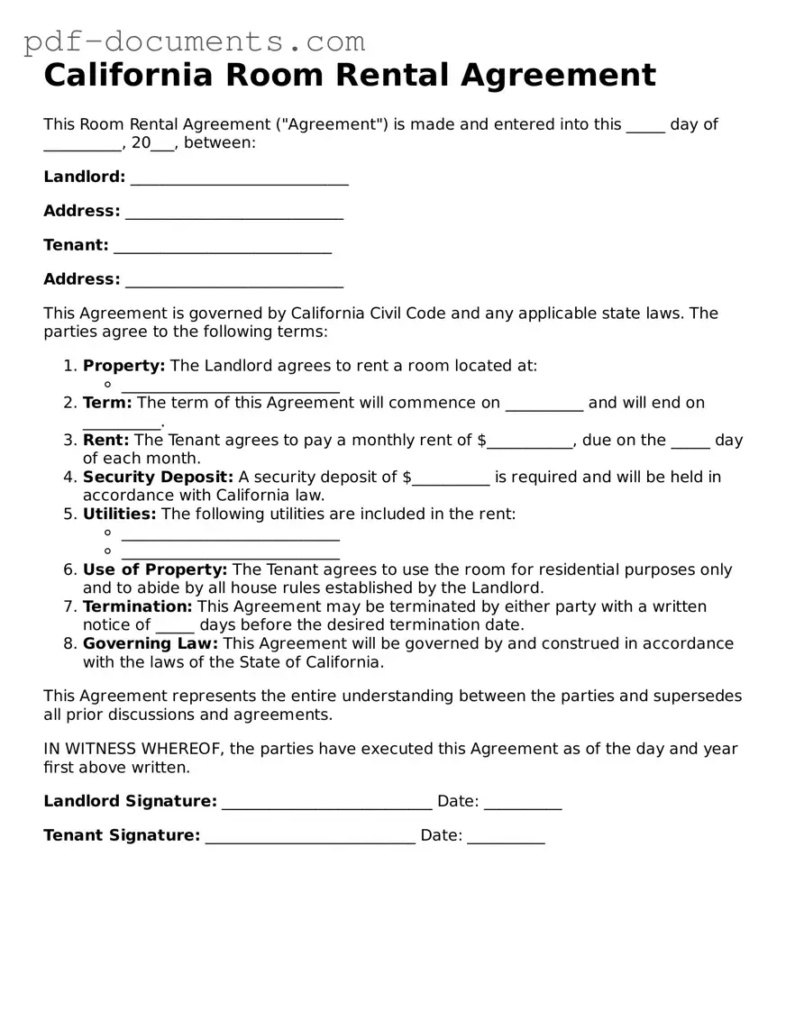 Legal Room Rental Agreement Template for the State of California