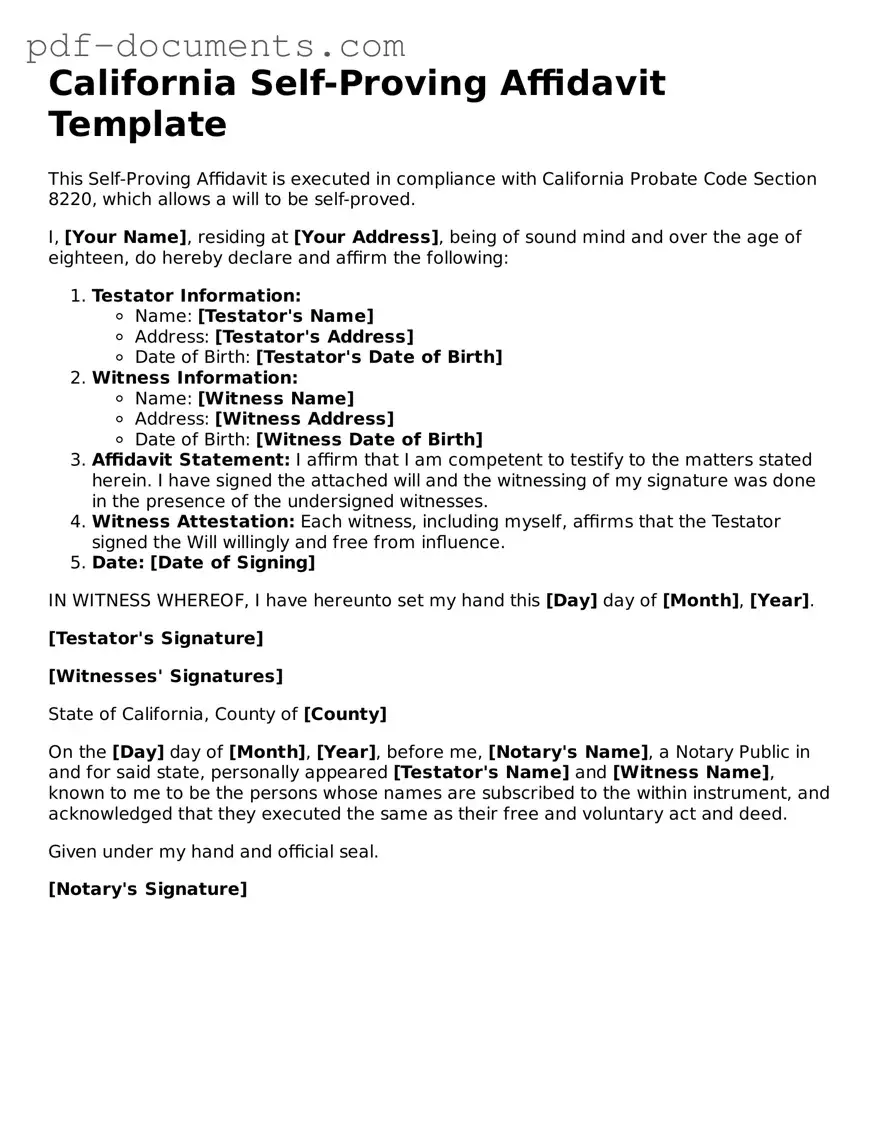 Legal Self-Proving Affidavit Template for the State of California