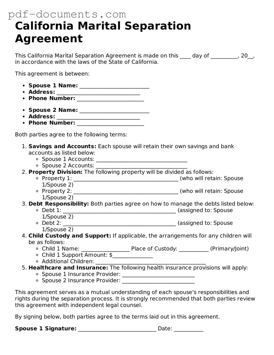 Legal Marital Separation Agreement Template for the State of California