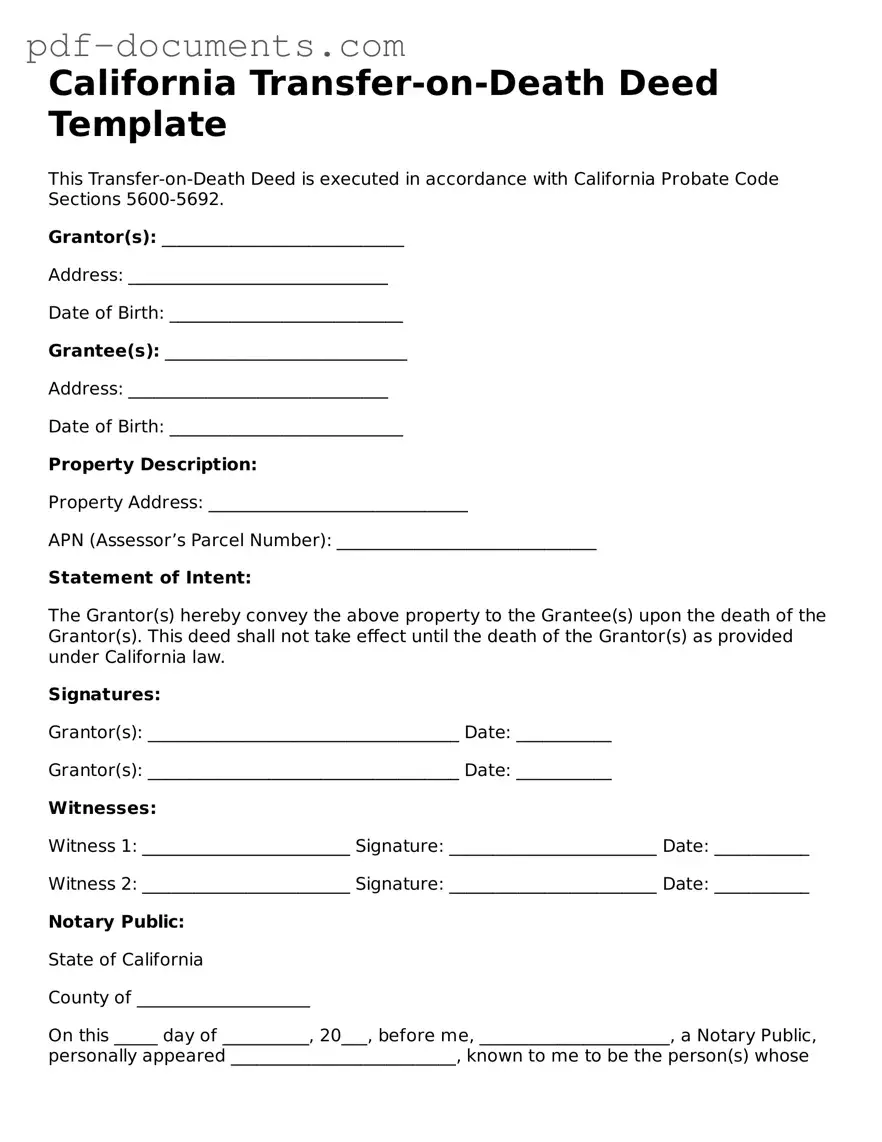 Legal Transfer-on-Death Deed Template for the State of California