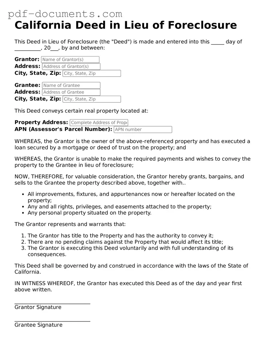 Legal Deed in Lieu of Foreclosure Template for the State of California