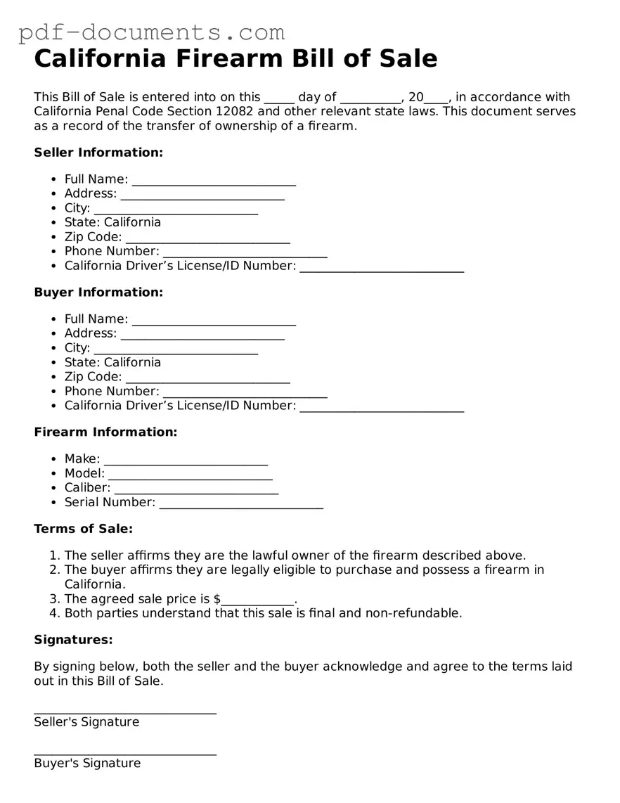 Legal Firearm Bill of Sale Template for the State of California