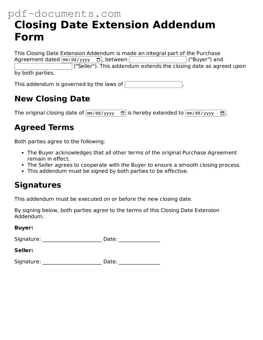 Printable Closing Date Extension Addendum Form Form