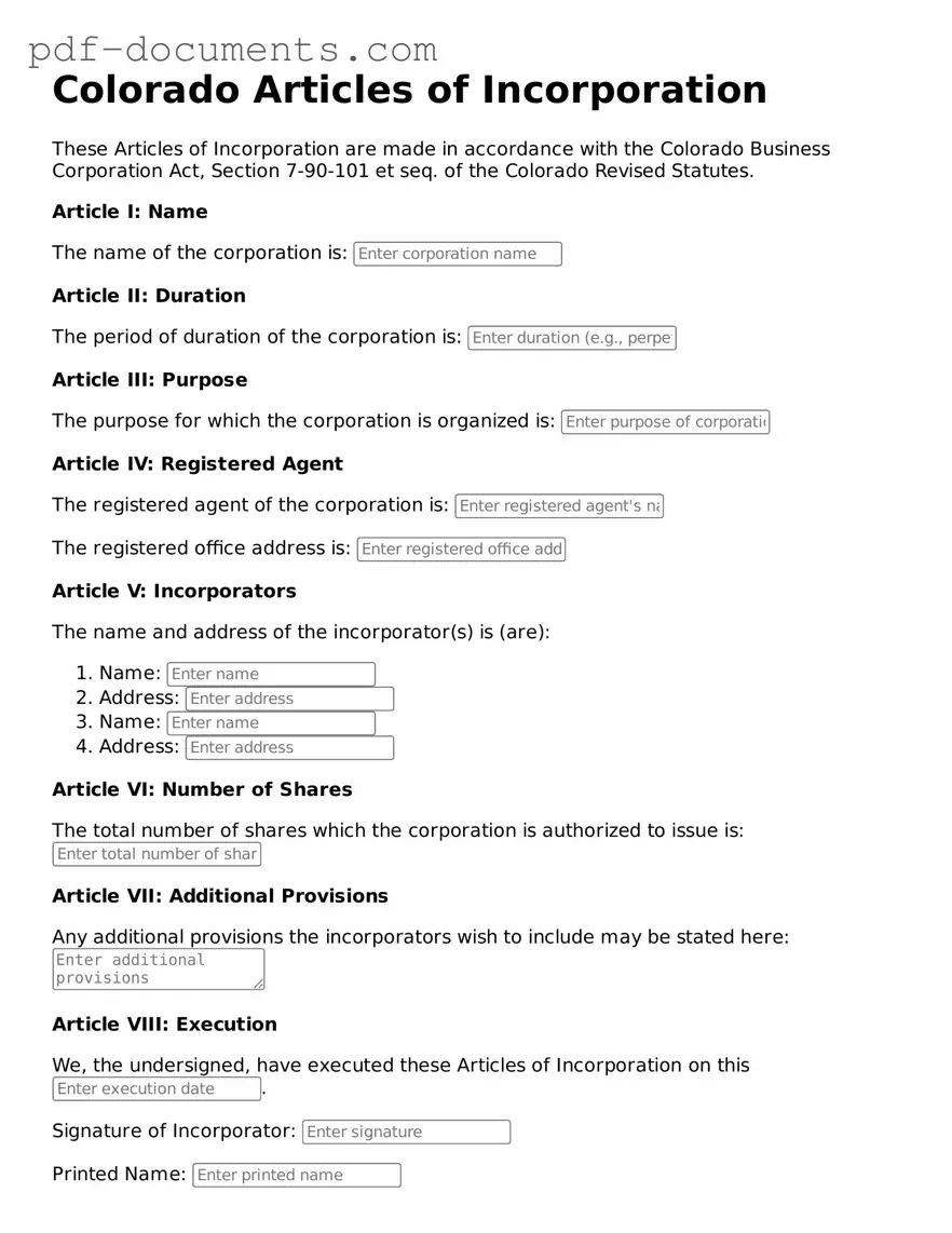 Legal Articles of Incorporation Template for the State of Colorado