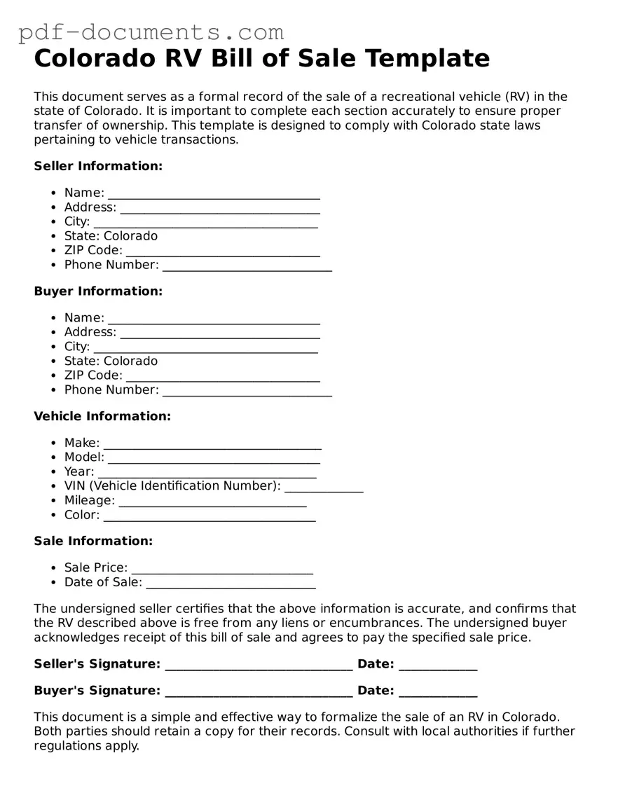 Legal RV Bill of Sale Template for the State of Colorado