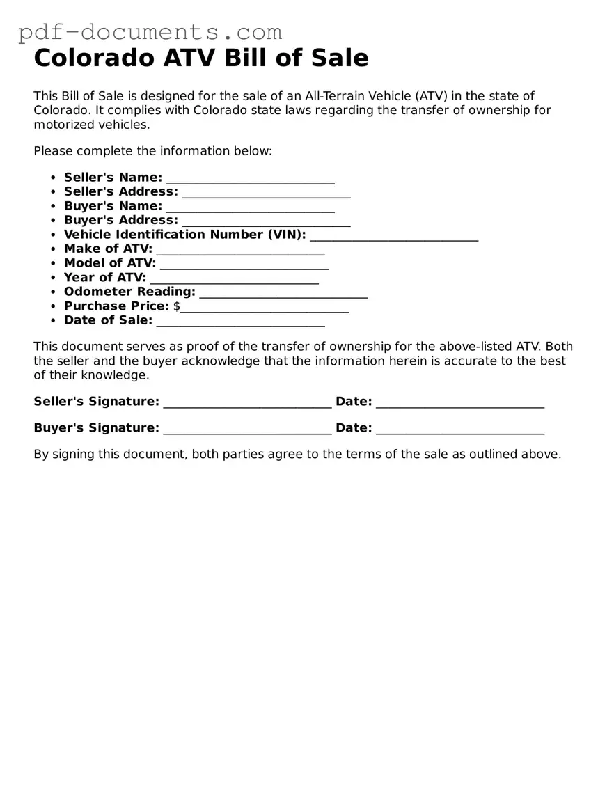 Legal ATV Bill of Sale Template for the State of Colorado
