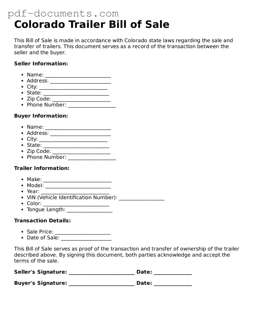 Legal Trailer Bill of Sale Template for the State of Colorado