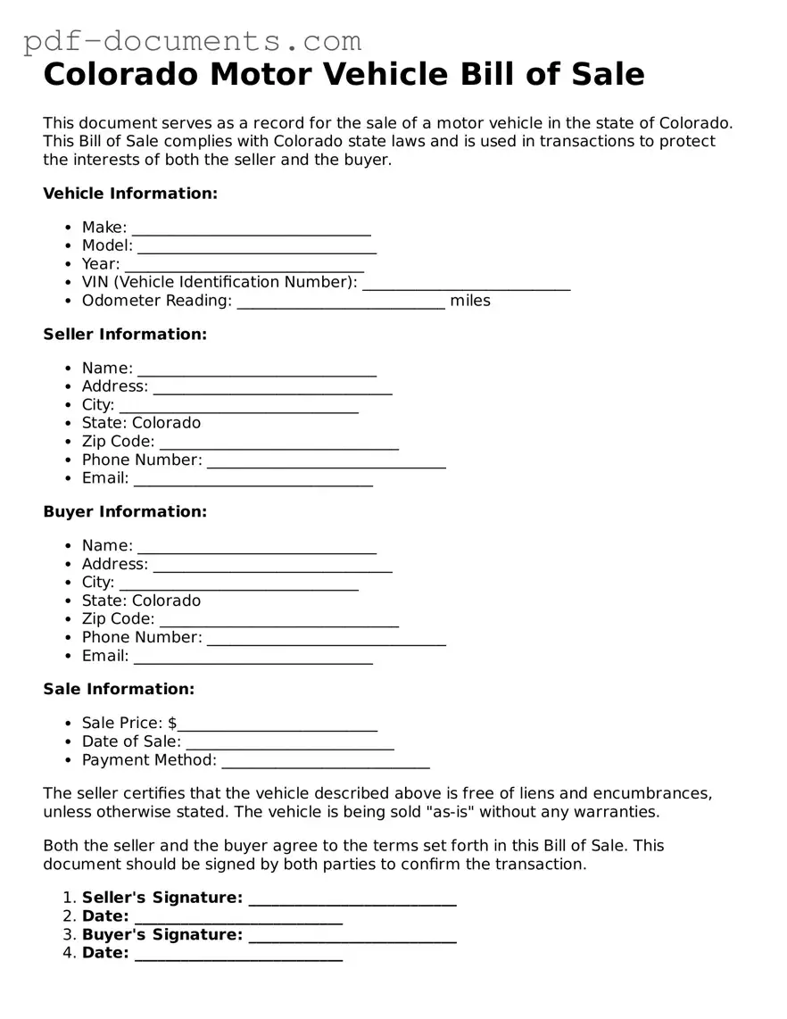 Legal Motor Vehicle Bill of Sale Template for the State of Colorado