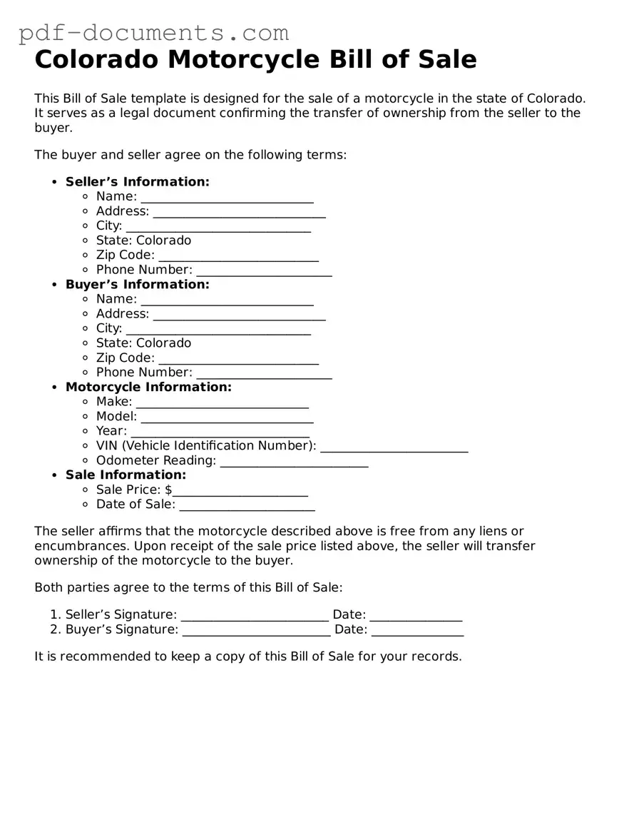 Legal Motorcycle Bill of Sale Template for the State of Colorado