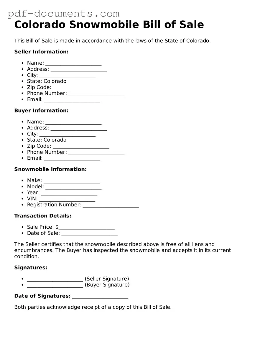 Legal Snowmobile Bill of Sale Template for the State of Colorado