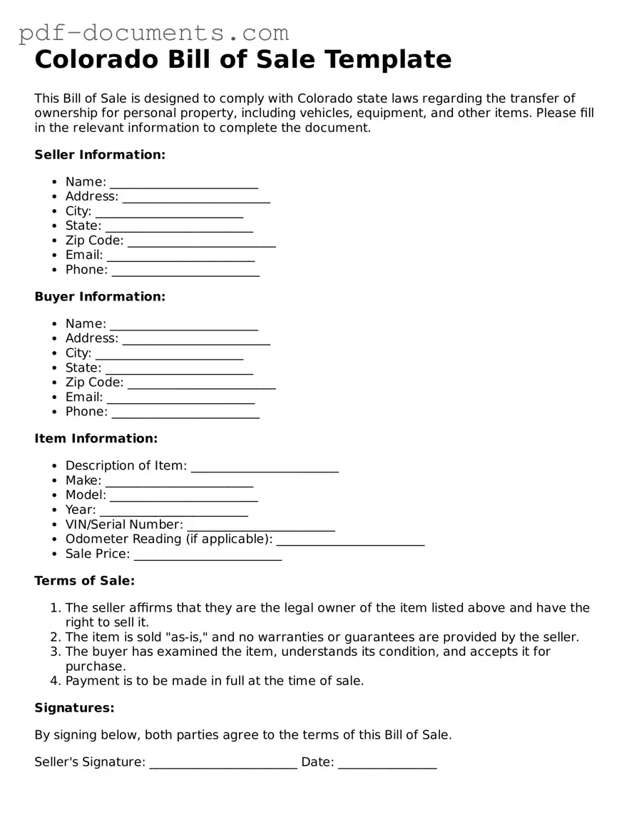 Legal Bill of Sale Template for the State of Colorado
