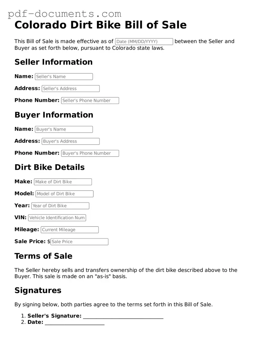 Legal Dirt Bike Bill of Sale Template for the State of Colorado