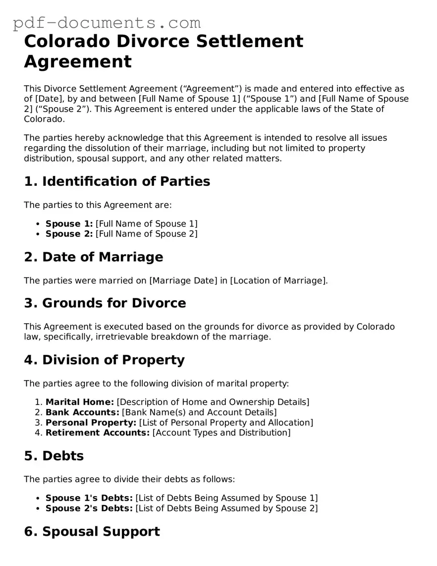 Legal Divorce Settlement Agreement Template for the State of Colorado