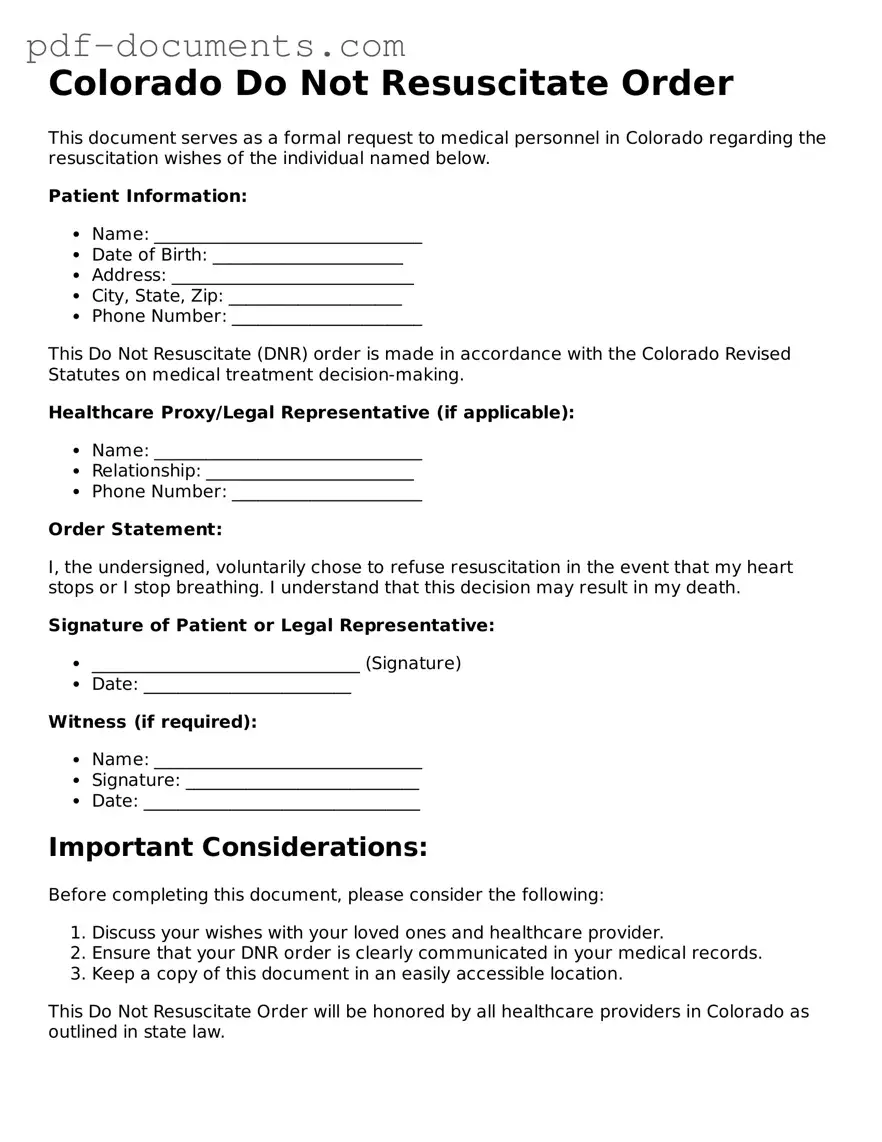 Legal Do Not Resuscitate Order Template for the State of Colorado