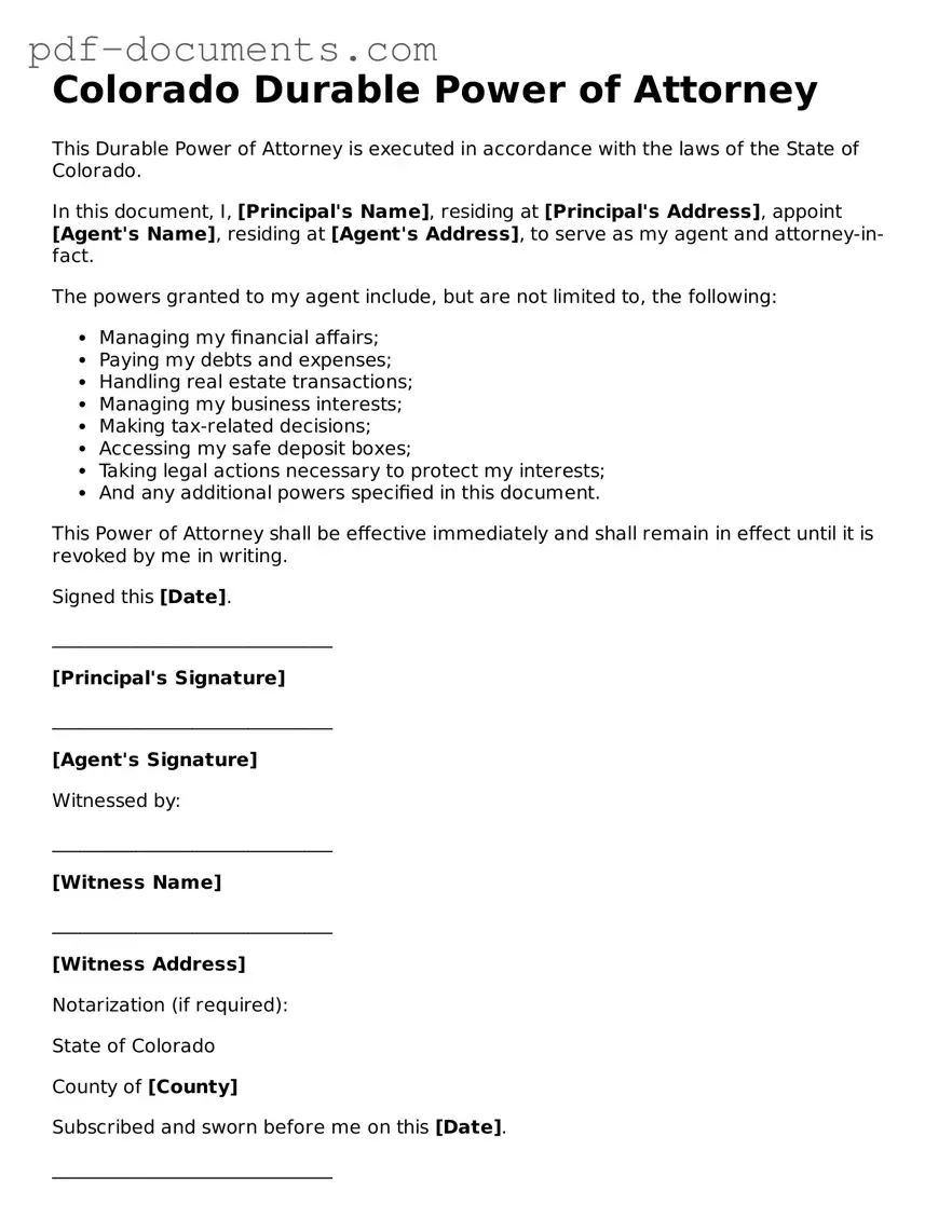 Legal Durable Power of Attorney Template for the State of Colorado