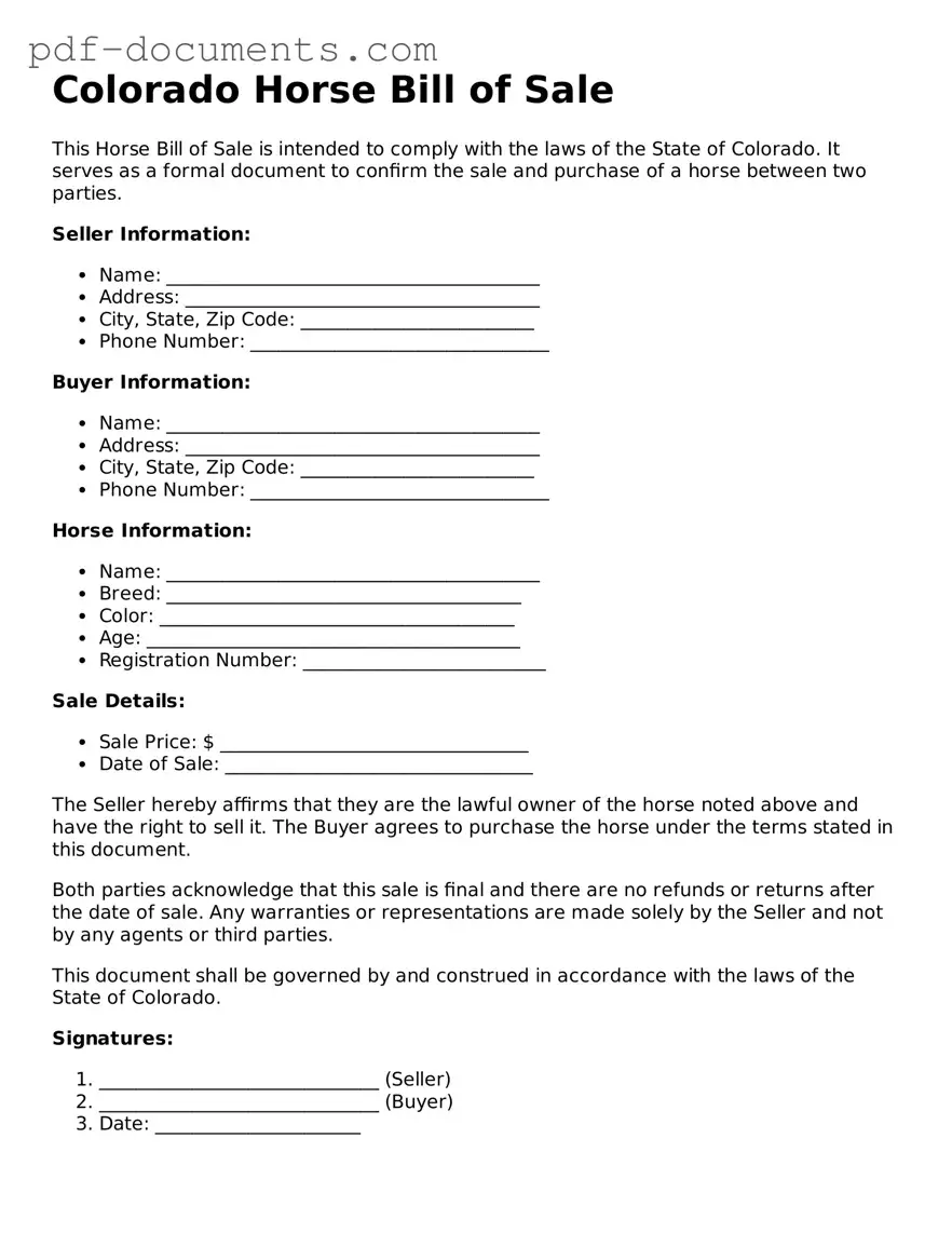 Legal Horse Bill of Sale Template for the State of Colorado