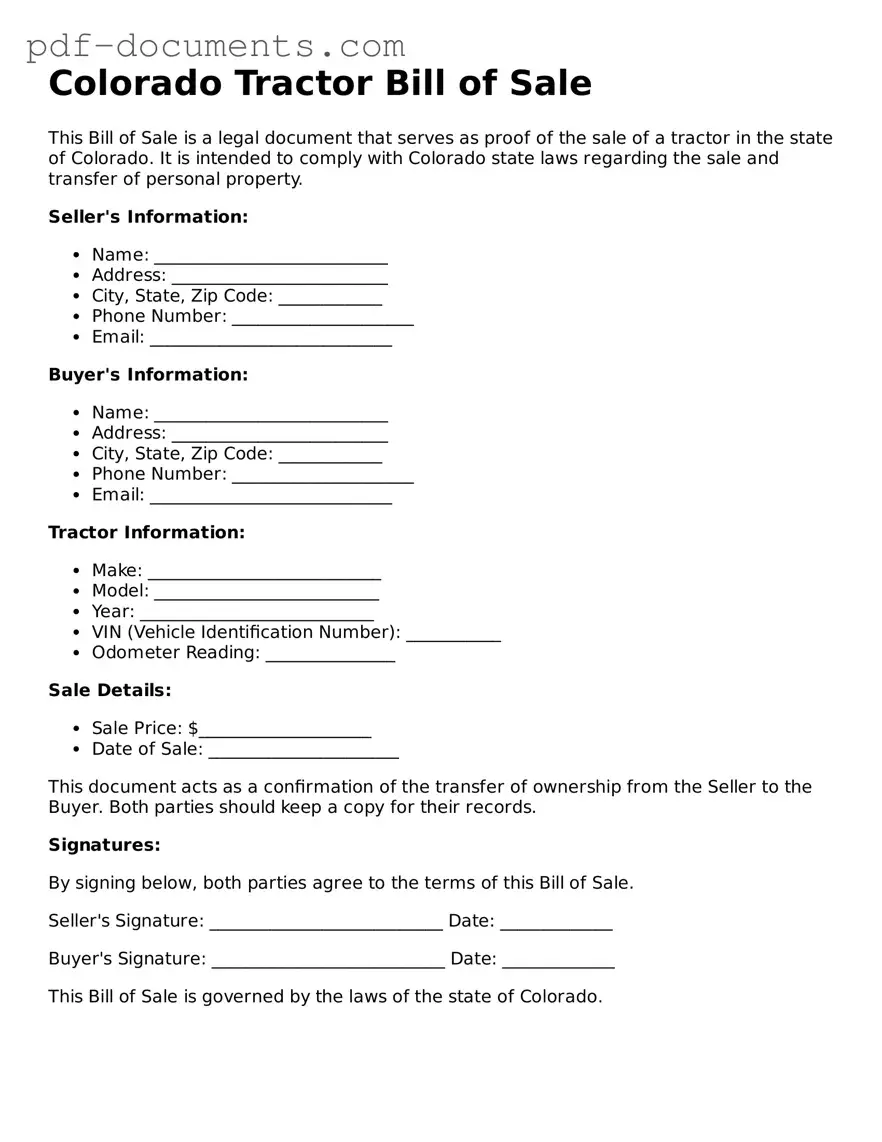 Legal Tractor Bill of Sale Template for the State of Colorado