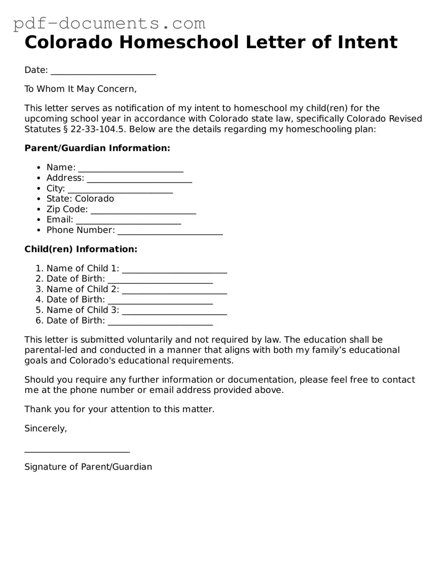 Legal Homeschool Letter of Intent Template for the State of Colorado