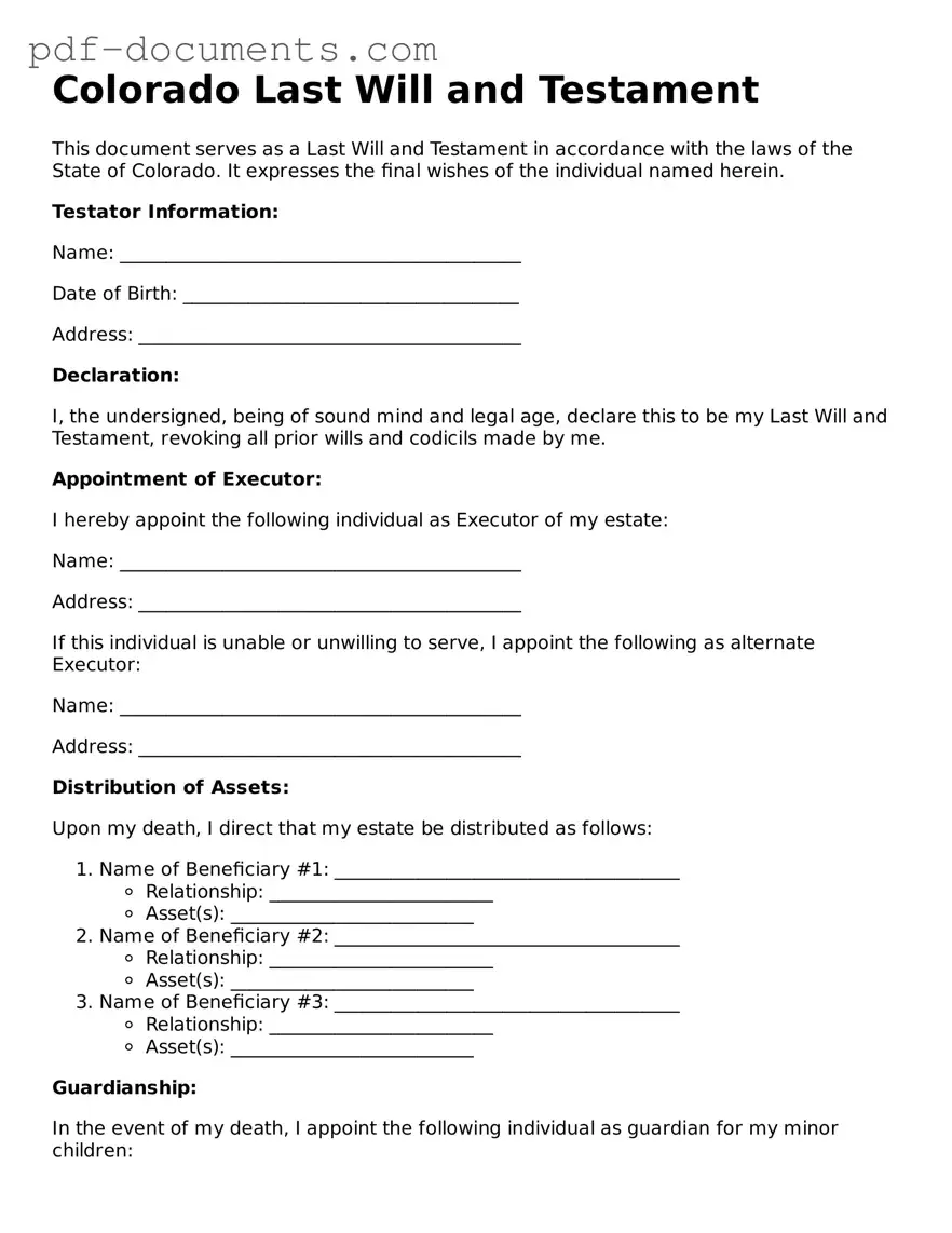 Legal Last Will and Testament Template for the State of Colorado