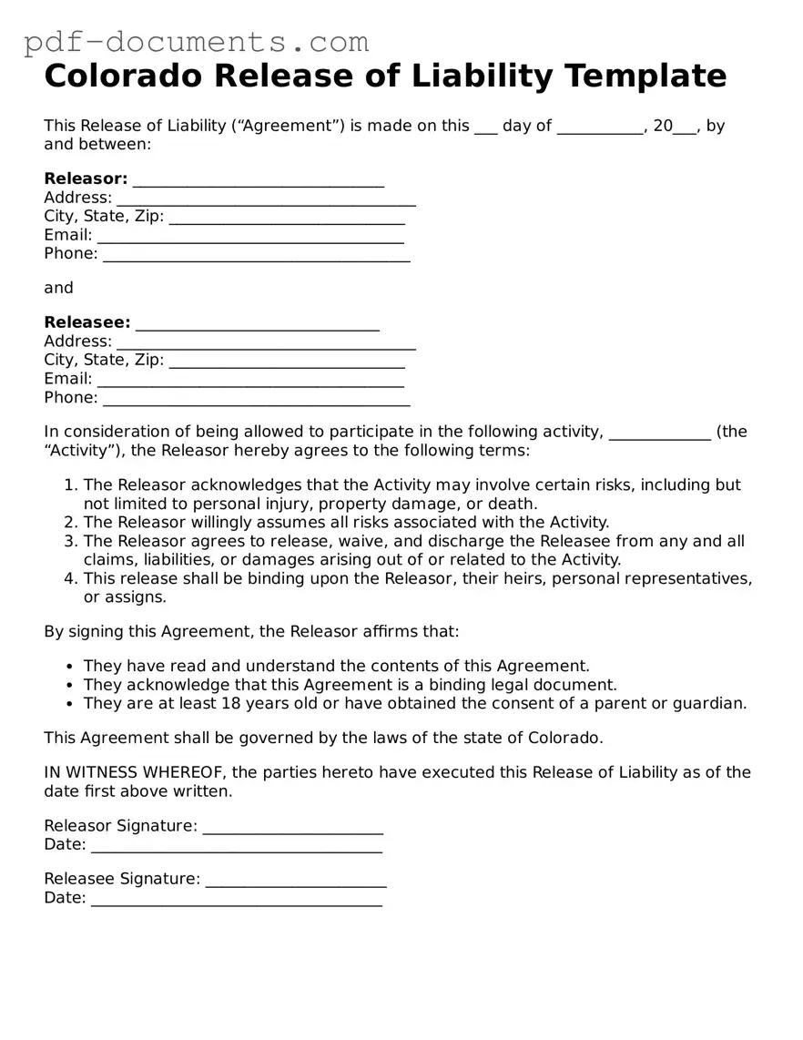 Legal Release of Liability Template for the State of Colorado