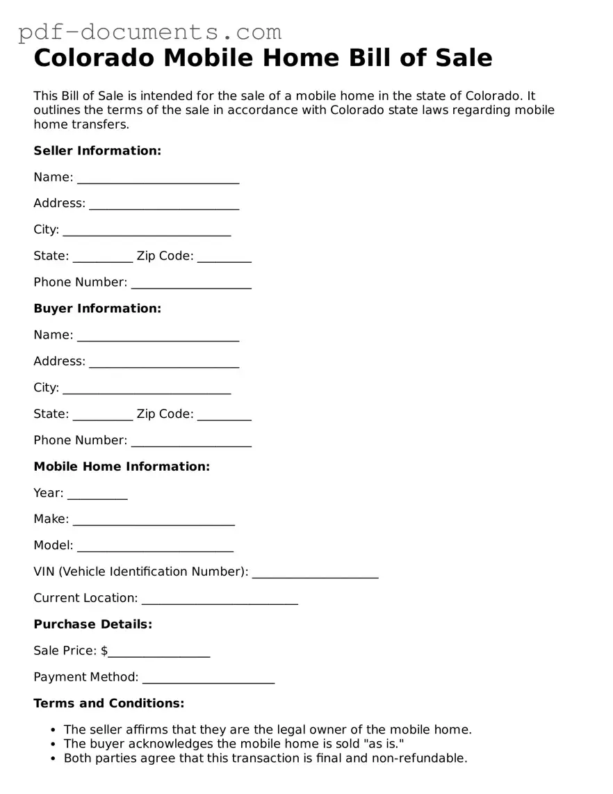 Legal Mobile Home Bill of Sale Template for the State of Colorado