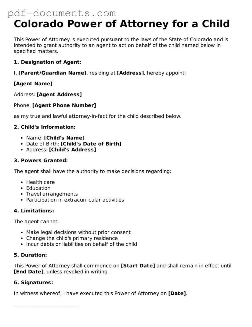 Legal Power of Attorney for a Child Template for the State of Colorado