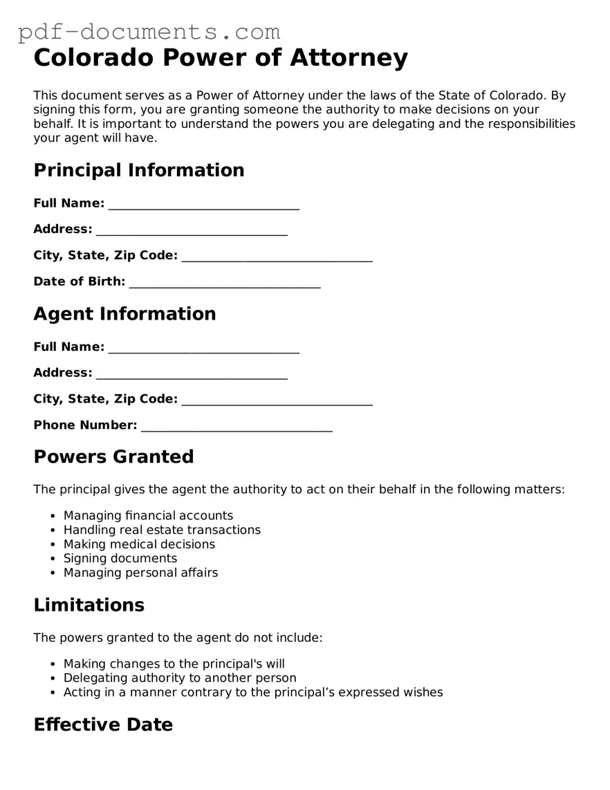 Legal Power of Attorney Template for the State of Colorado