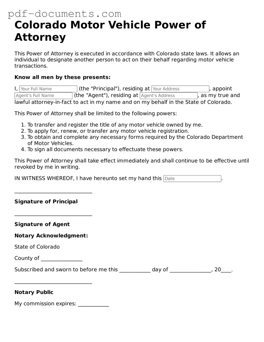 Legal Motor Vehicle Power of Attorney Template for the State of Colorado