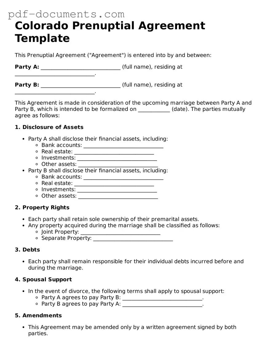 Legal Prenuptial Agreement Template for the State of Colorado