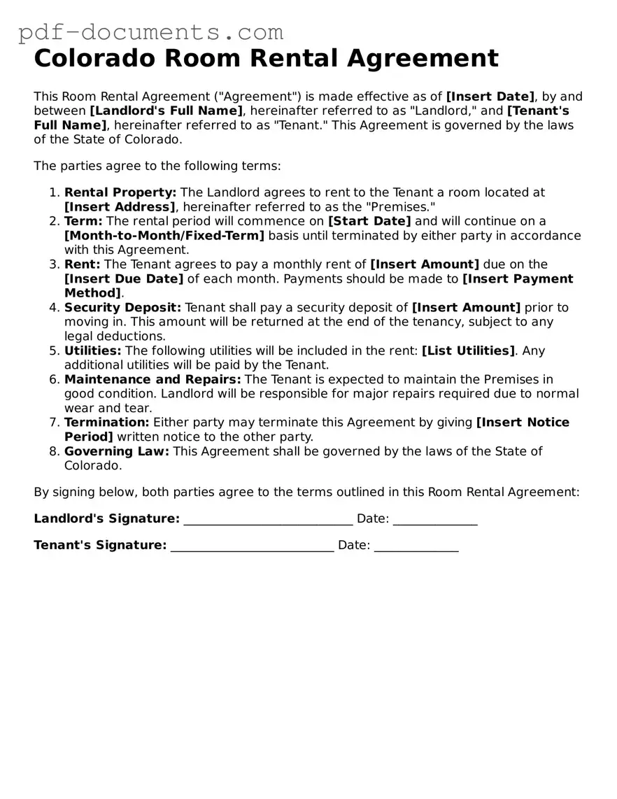Legal Room Rental Agreement Template for the State of Colorado
