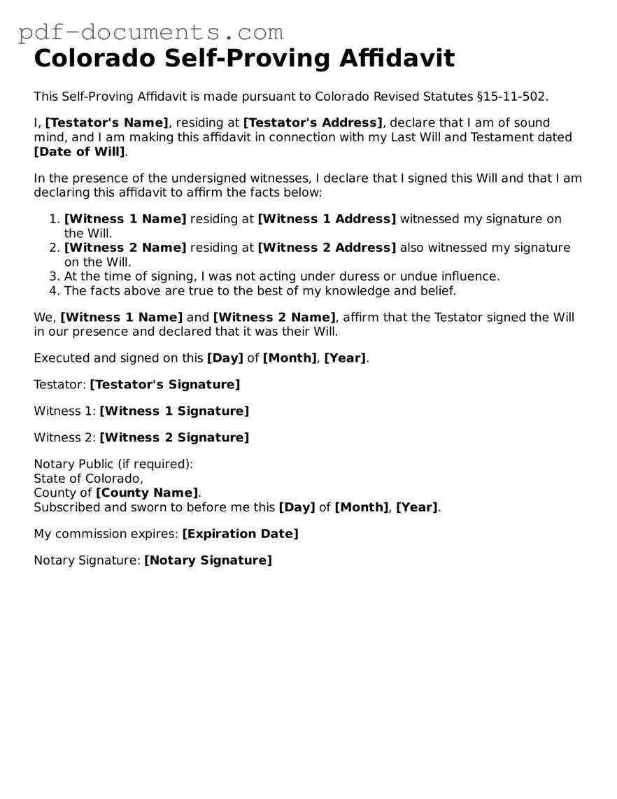 Legal Self-Proving Affidavit Template for the State of Colorado