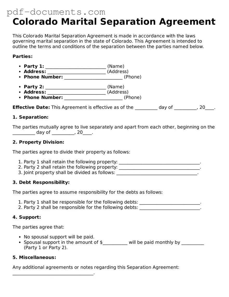 Legal Marital Separation Agreement Template for the State of Colorado