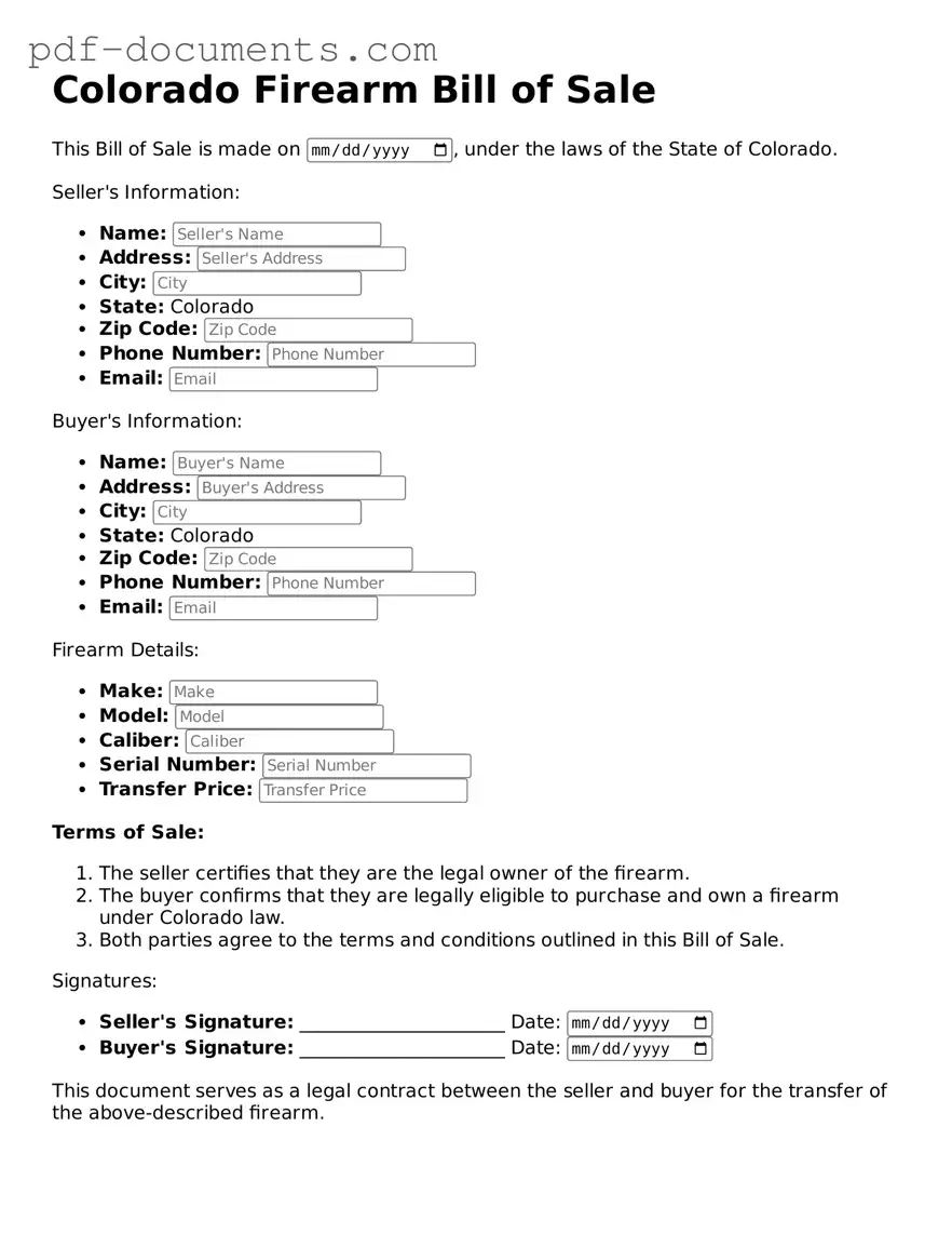 Legal Firearm Bill of Sale Template for the State of Colorado