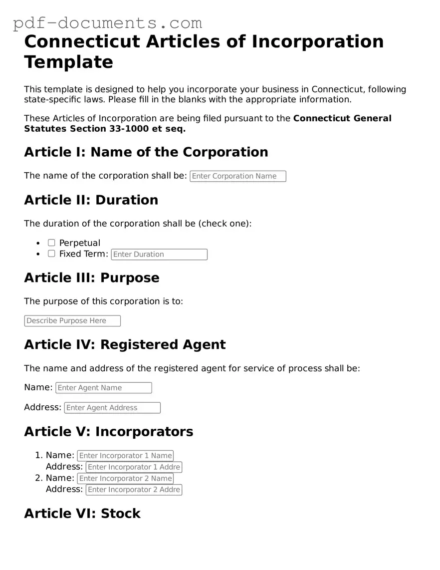 Legal Articles of Incorporation Template for the State of Connecticut