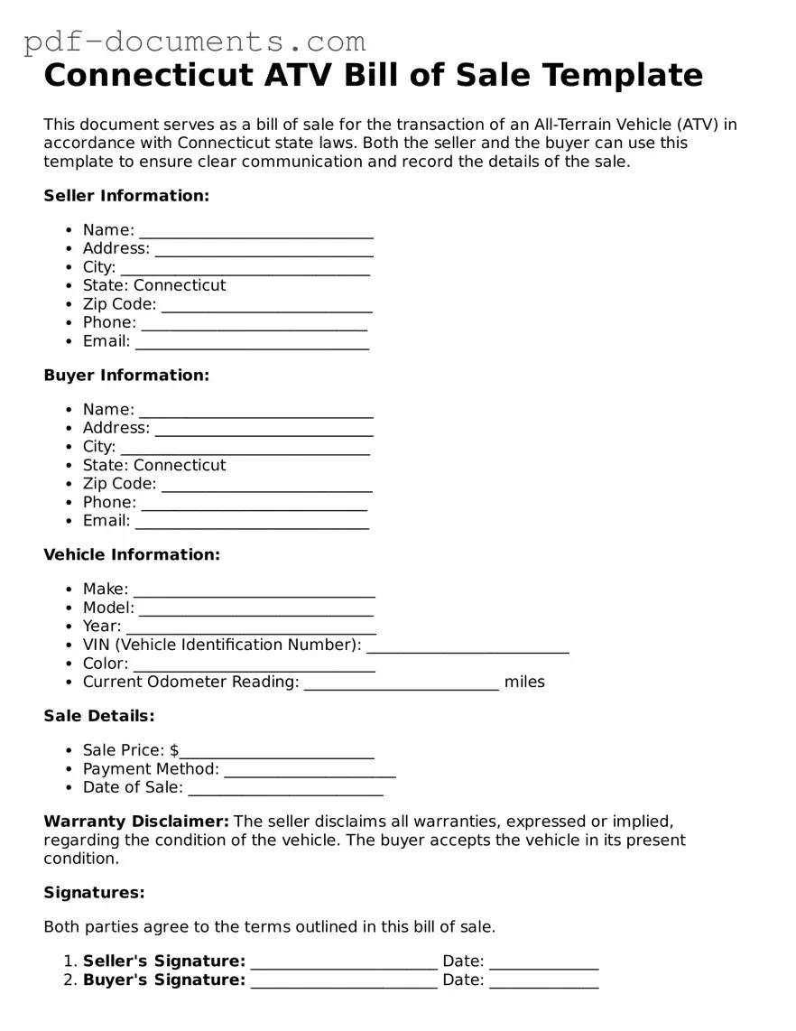 Legal ATV Bill of Sale Template for the State of Connecticut