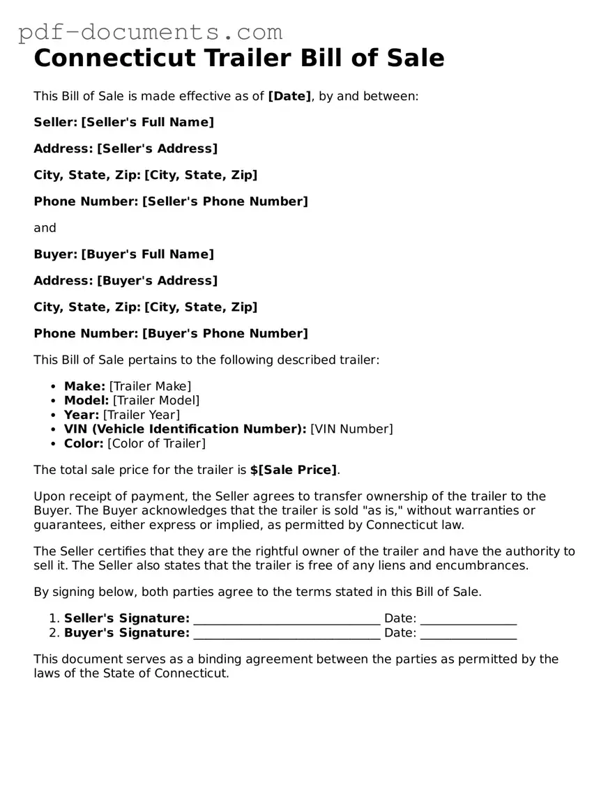 Legal Trailer Bill of Sale Template for the State of Connecticut