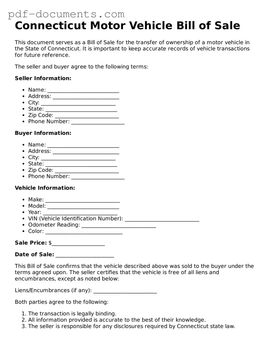 Legal Motor Vehicle Bill of Sale Template for the State of Connecticut