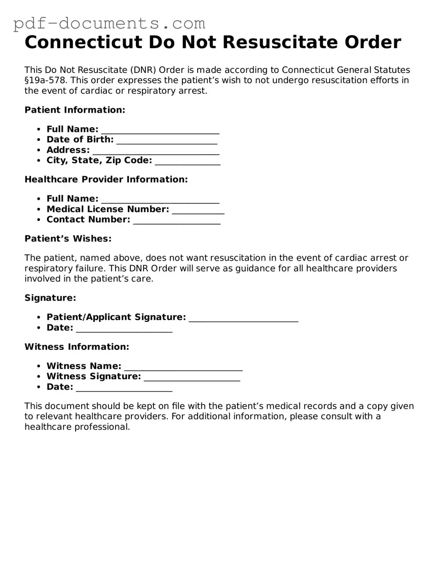 Legal Do Not Resuscitate Order Template for the State of Connecticut
