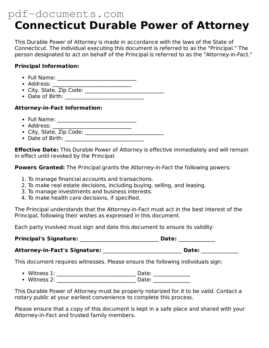 Legal Durable Power of Attorney Template for the State of Connecticut