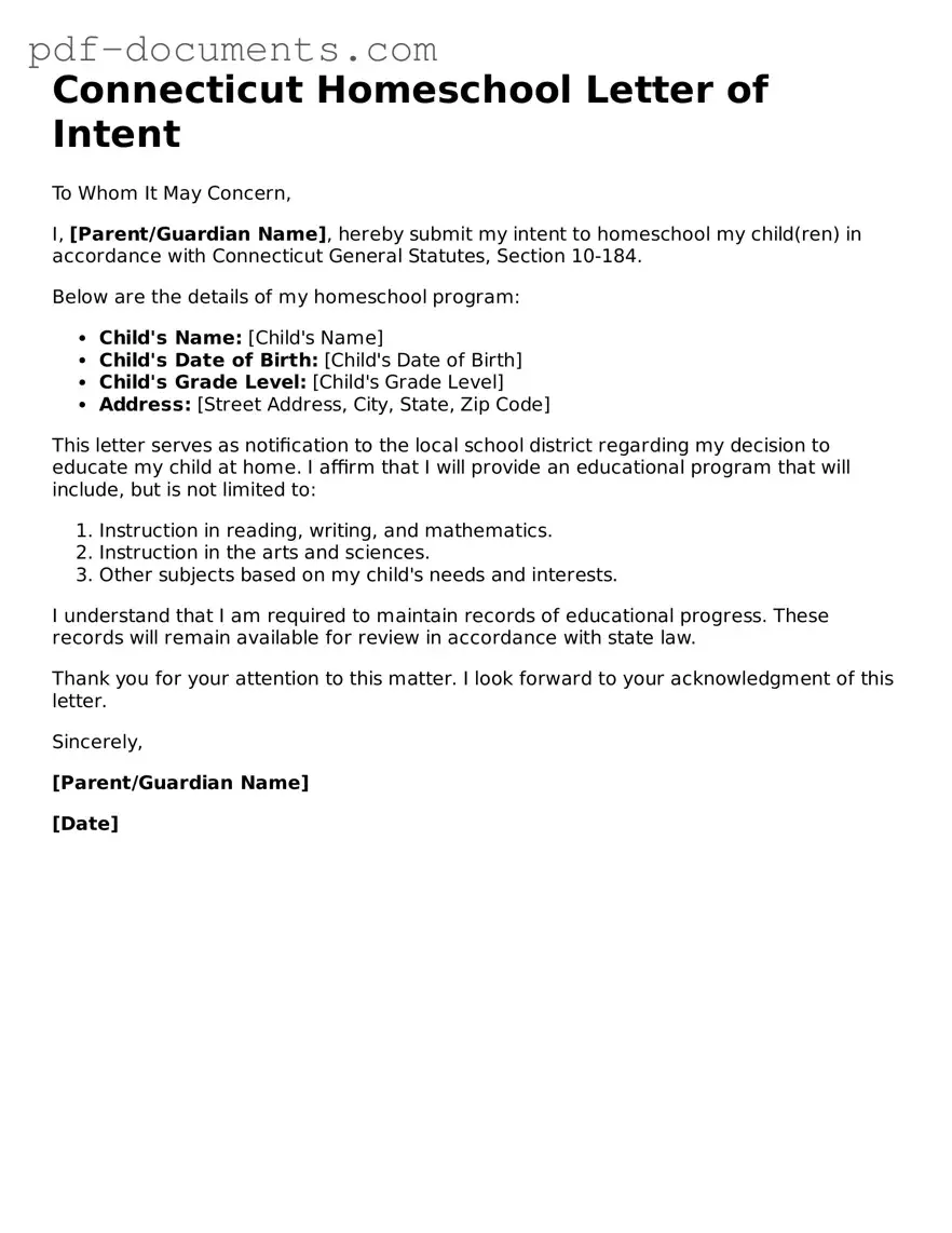 Legal Homeschool Letter of Intent Template for the State of Connecticut