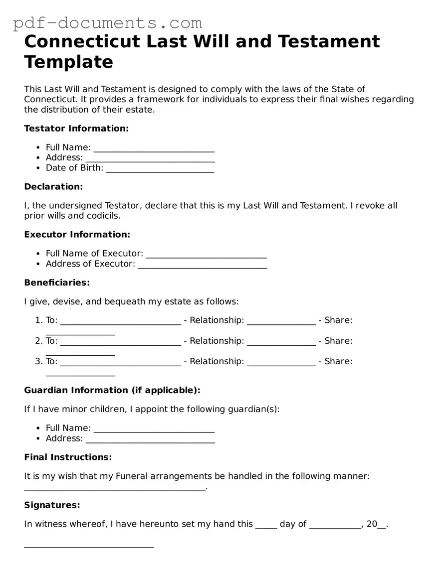 Legal Last Will and Testament Template for the State of Connecticut