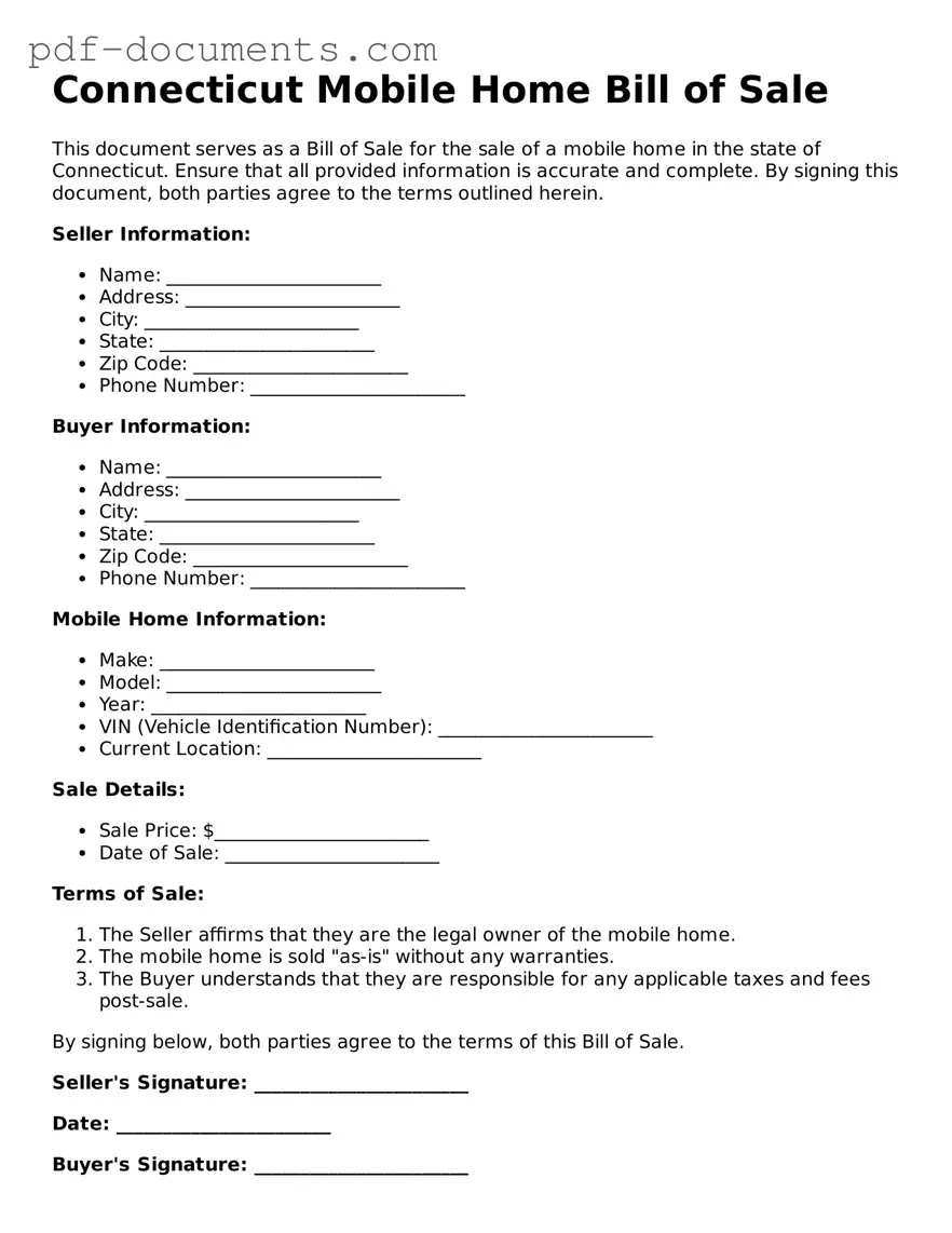 Legal Mobile Home Bill of Sale Template for the State of Connecticut