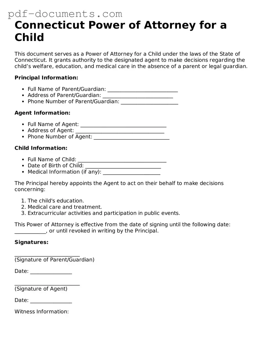 Legal Power of Attorney for a Child Template for the State of Connecticut