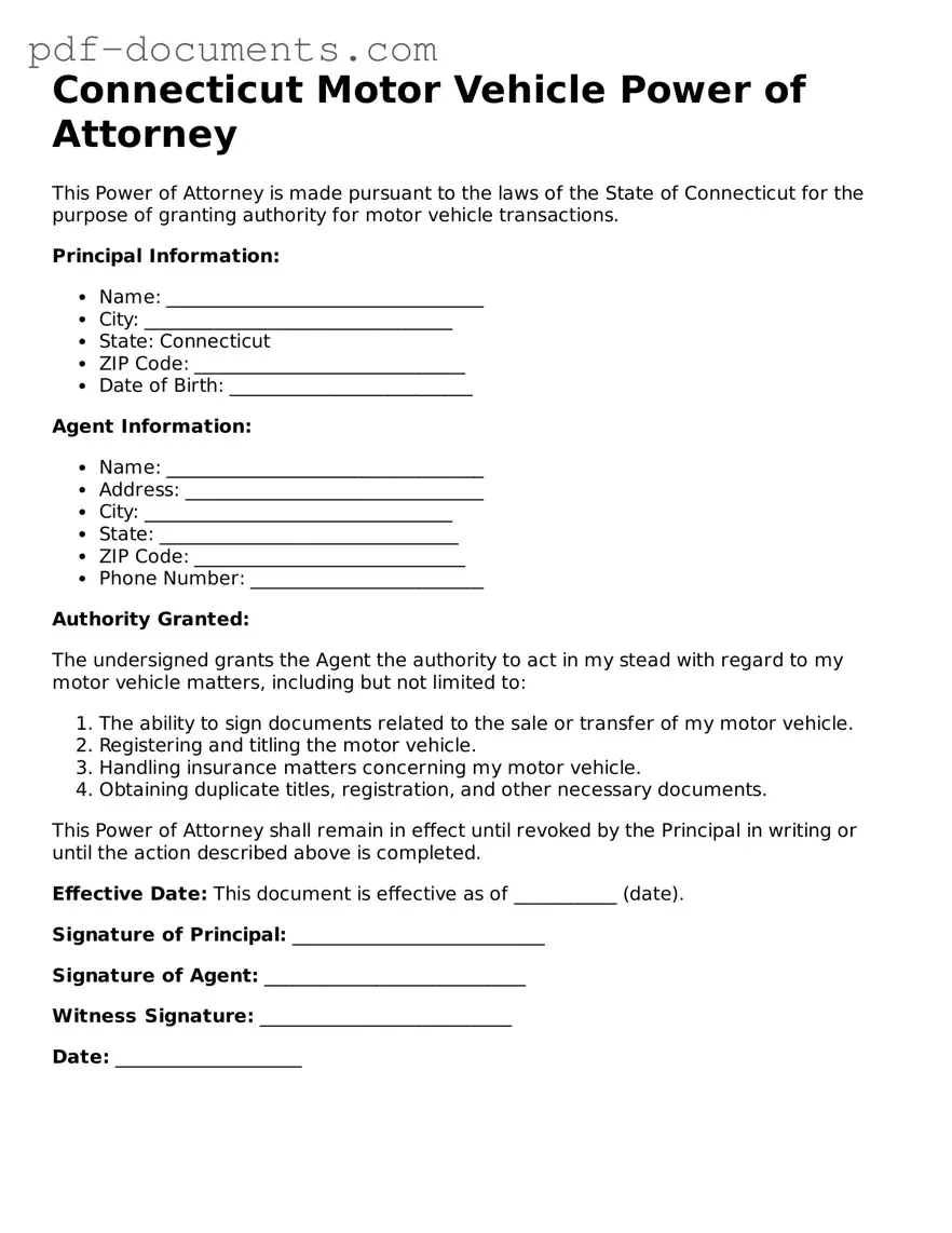 Legal Motor Vehicle Power of Attorney Template for the State of Connecticut