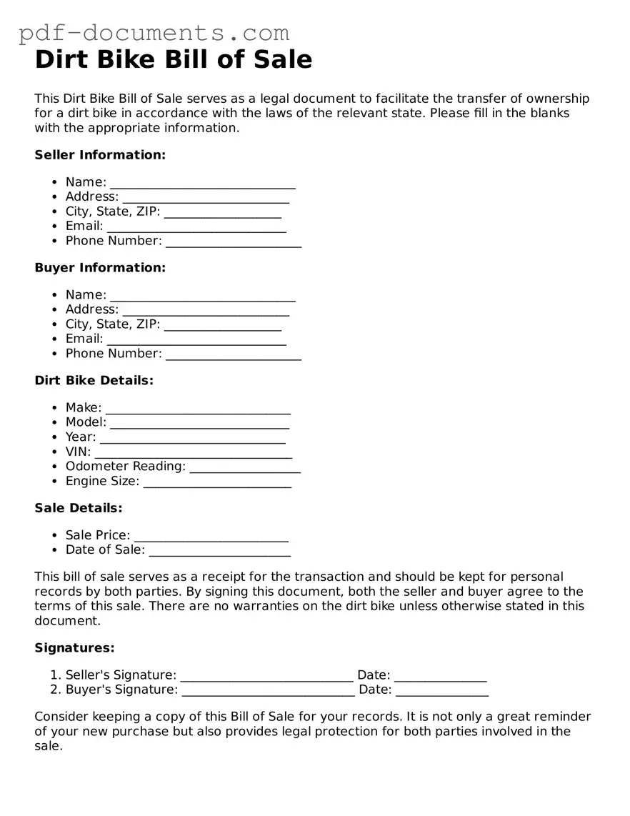 Printable Dirt Bike Bill of Sale Form